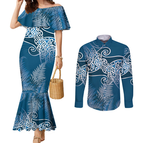 Aotearoa Maori Koru Curves Couples Matching Mermaid Dress and Long Sleeve Button Shirt Silver Ferns - Navy Blue