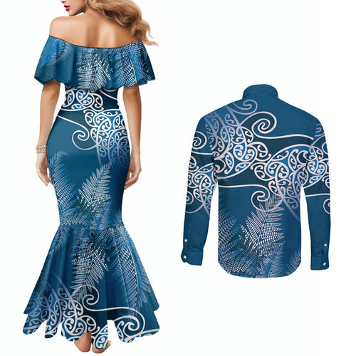 Aotearoa Maori Koru Curves Couples Matching Mermaid Dress and Long Sleeve Button Shirt Silver Ferns - Navy Blue