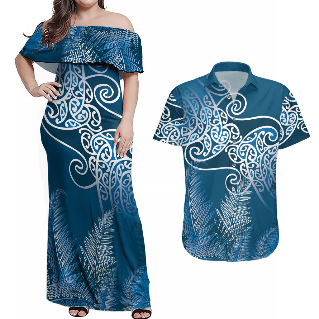 Aotearoa Maori Koru Curves Couples Matching Off Shoulder Maxi Dress and Hawaiian Shirt Silver Ferns - Navy Blue