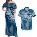 Aotearoa Maori Koru Curves Couples Matching Off Shoulder Maxi Dress and Hawaiian Shirt Silver Ferns - Navy Blue
