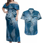 Aotearoa Maori Koru Curves Couples Matching Off Shoulder Maxi Dress and Hawaiian Shirt Silver Ferns - Navy Blue