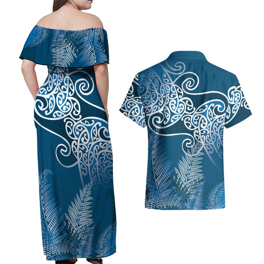 Aotearoa Maori Koru Curves Couples Matching Off Shoulder Maxi Dress and Hawaiian Shirt Silver Ferns - Navy Blue