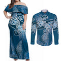 Aotearoa Maori Koru Curves Couples Matching Off Shoulder Maxi Dress and Long Sleeve Button Shirt Silver Ferns - Navy Blue