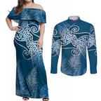 Aotearoa Maori Koru Curves Couples Matching Off Shoulder Maxi Dress and Long Sleeve Button Shirt Silver Ferns - Navy Blue