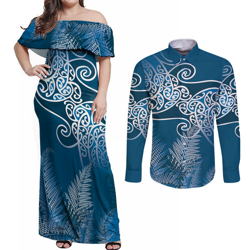 Aotearoa Maori Koru Curves Couples Matching Off Shoulder Maxi Dress and Long Sleeve Button Shirt Silver Ferns - Navy Blue