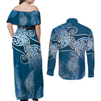 Aotearoa Maori Koru Curves Couples Matching Off Shoulder Maxi Dress and Long Sleeve Button Shirt Silver Ferns - Navy Blue