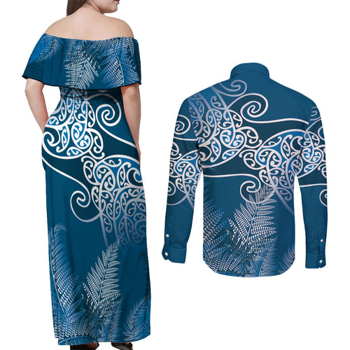 Aotearoa Maori Koru Curves Couples Matching Off Shoulder Maxi Dress and Long Sleeve Button Shirt Silver Ferns - Navy Blue