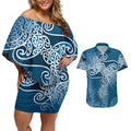 Aotearoa Maori Koru Curves Couples Matching Off Shoulder Short Dress and Hawaiian Shirt Silver Ferns - Navy Blue