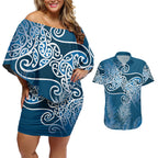Aotearoa Maori Koru Curves Couples Matching Off Shoulder Short Dress and Hawaiian Shirt Silver Ferns - Navy Blue