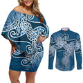 Aotearoa Maori Koru Curves Couples Matching Off Shoulder Short Dress and Long Sleeve Button Shirt Silver Ferns - Navy Blue