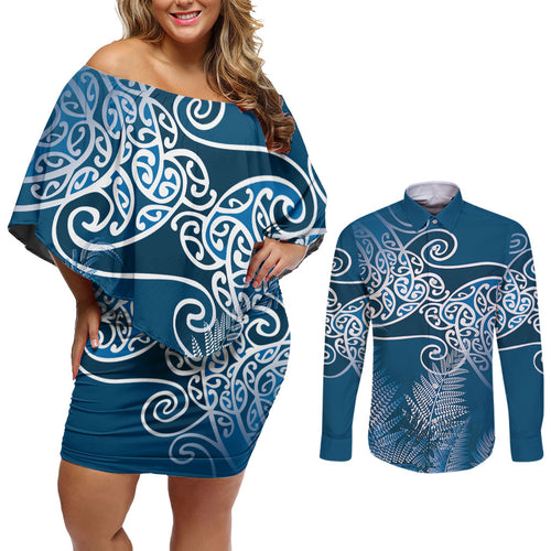 Aotearoa Maori Koru Curves Couples Matching Off Shoulder Short Dress and Long Sleeve Button Shirt Silver Ferns - Navy Blue