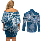 Aotearoa Maori Koru Curves Couples Matching Off Shoulder Short Dress and Long Sleeve Button Shirt Silver Ferns - Navy Blue