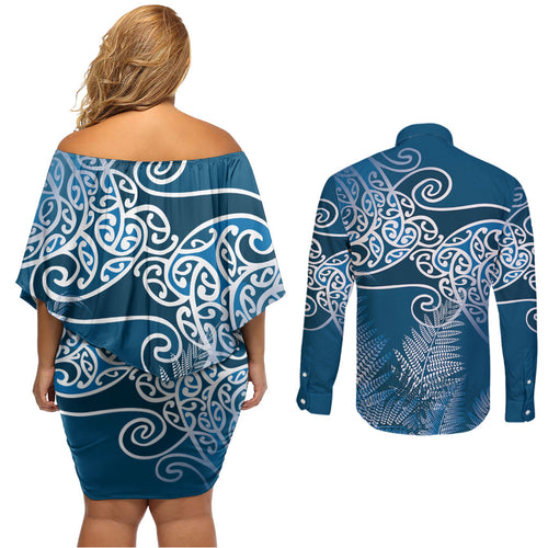 Aotearoa Maori Koru Curves Couples Matching Off Shoulder Short Dress and Long Sleeve Button Shirt Silver Ferns - Navy Blue