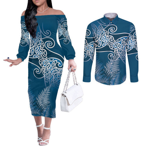 Aotearoa Maori Koru Curves Couples Matching Off The Shoulder Long Sleeve Dress and Long Sleeve Button Shirt Silver Ferns - Navy Blue