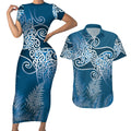 Aotearoa Maori Koru Curves Couples Matching Short Sleeve Bodycon Dress and Hawaiian Shirt Silver Ferns - Navy Blue