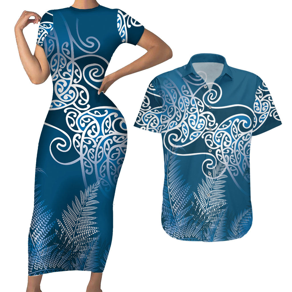Aotearoa Maori Koru Curves Couples Matching Short Sleeve Bodycon Dress and Hawaiian Shirt Silver Ferns - Navy Blue