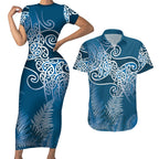 Aotearoa Maori Koru Curves Couples Matching Short Sleeve Bodycon Dress and Hawaiian Shirt Silver Ferns - Navy Blue