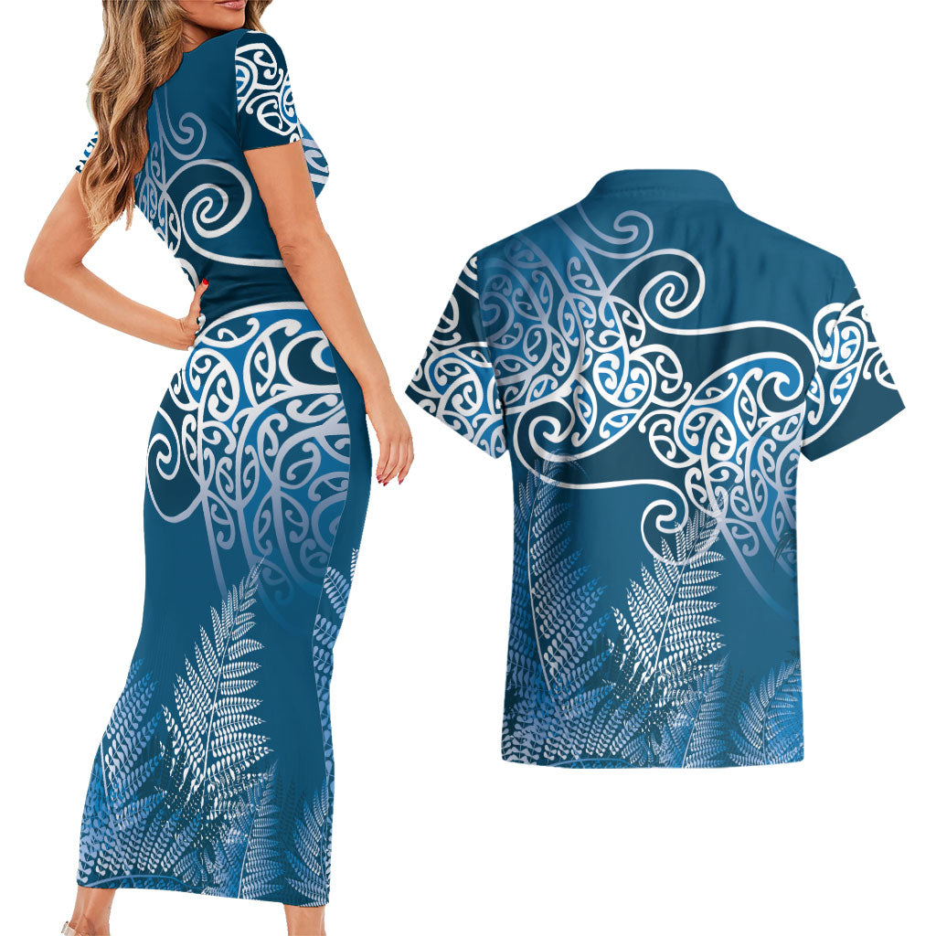 Aotearoa Maori Koru Curves Couples Matching Short Sleeve Bodycon Dress and Hawaiian Shirt Silver Ferns - Navy Blue