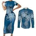 Aotearoa Maori Koru Curves Couples Matching Short Sleeve Bodycon Dress and Long Sleeve Button Shirt Silver Ferns - Navy Blue
