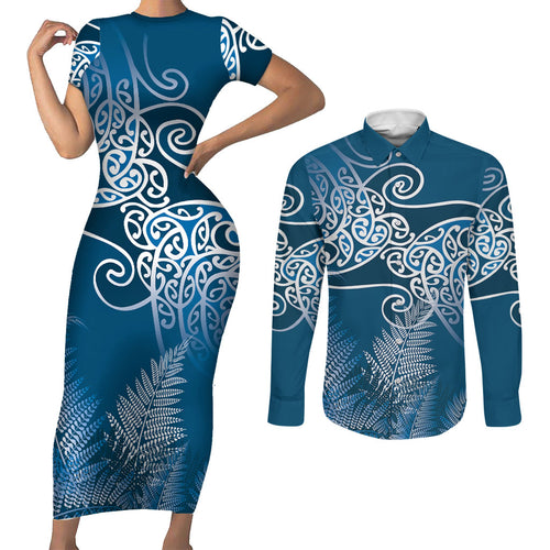 Aotearoa Maori Koru Curves Couples Matching Short Sleeve Bodycon Dress and Long Sleeve Button Shirt Silver Ferns - Navy Blue