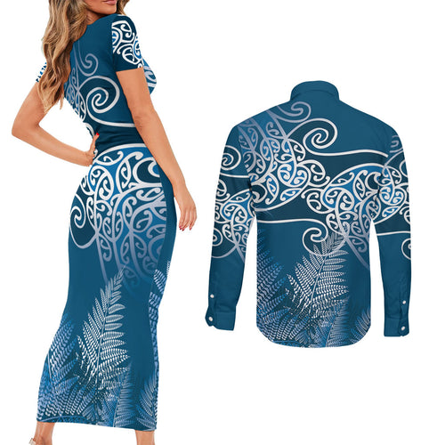 Aotearoa Maori Koru Curves Couples Matching Short Sleeve Bodycon Dress and Long Sleeve Button Shirt Silver Ferns - Navy Blue