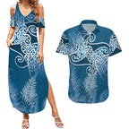 Aotearoa Maori Koru Curves Couples Matching Summer Maxi Dress and Hawaiian Shirt Silver Ferns - Navy Blue