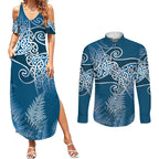 Aotearoa Maori Koru Curves Couples Matching Summer Maxi Dress and Long Sleeve Button Shirt Silver Ferns - Navy Blue