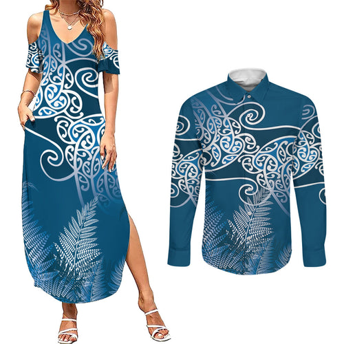 Aotearoa Maori Koru Curves Couples Matching Summer Maxi Dress and Long Sleeve Button Shirt Silver Ferns - Navy Blue