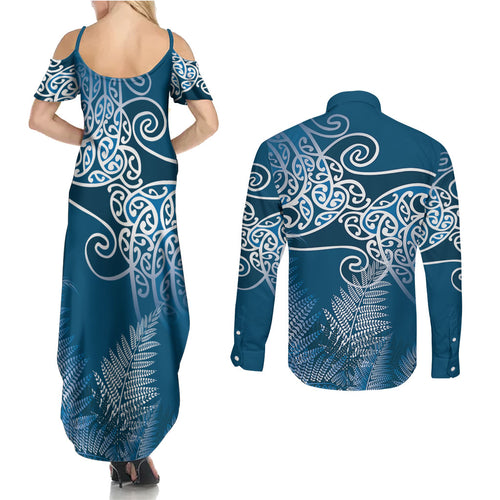 Aotearoa Maori Koru Curves Couples Matching Summer Maxi Dress and Long Sleeve Button Shirt Silver Ferns - Navy Blue