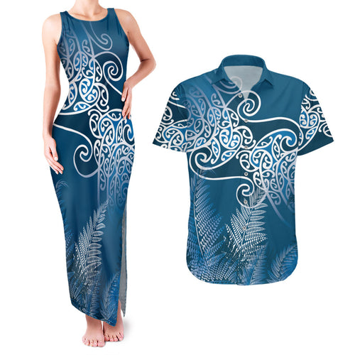 Aotearoa Maori Koru Curves Couples Matching Tank Maxi Dress and Hawaiian Shirt Silver Ferns - Navy Blue