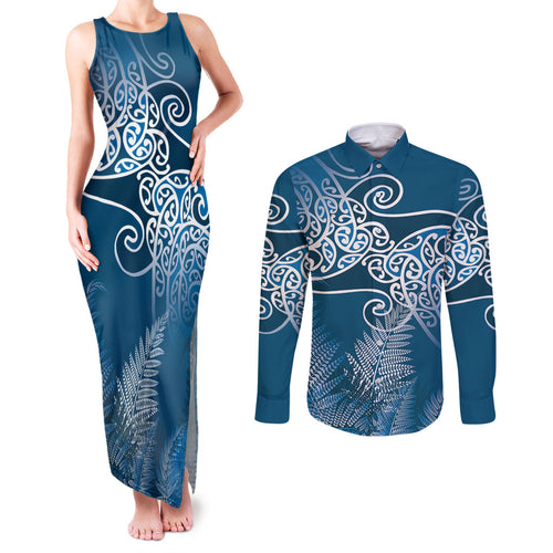 Aotearoa Maori Koru Curves Couples Matching Tank Maxi Dress and Long Sleeve Button Shirt Silver Ferns - Navy Blue