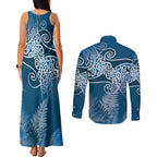 Aotearoa Maori Koru Curves Couples Matching Tank Maxi Dress and Long Sleeve Button Shirt Silver Ferns - Navy Blue