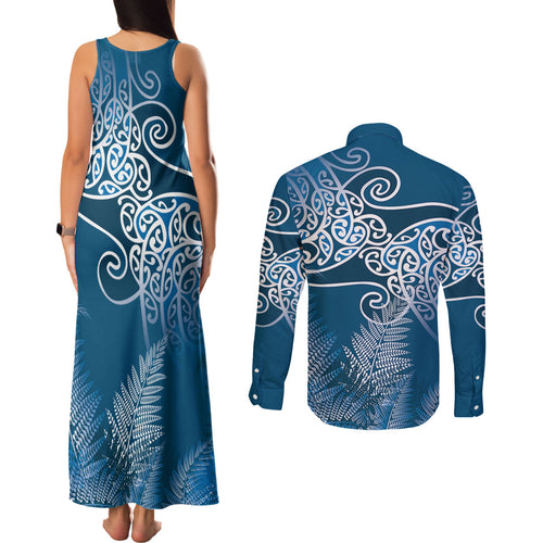 Aotearoa Maori Koru Curves Couples Matching Tank Maxi Dress and Long Sleeve Button Shirt Silver Ferns - Navy Blue