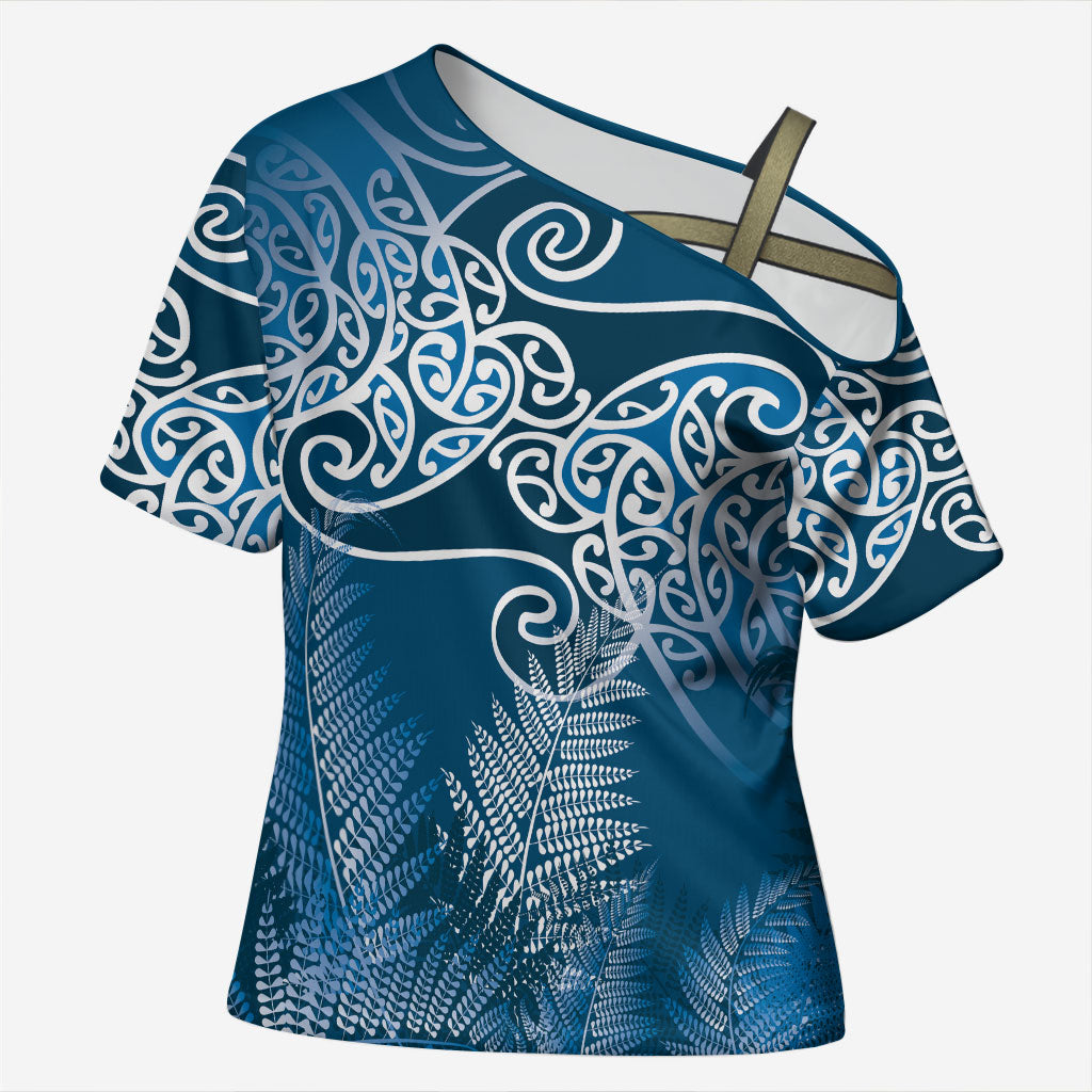 Aotearoa Maori Koru Curves Cross Shoulder Shirt Silver Ferns - Navy Blue