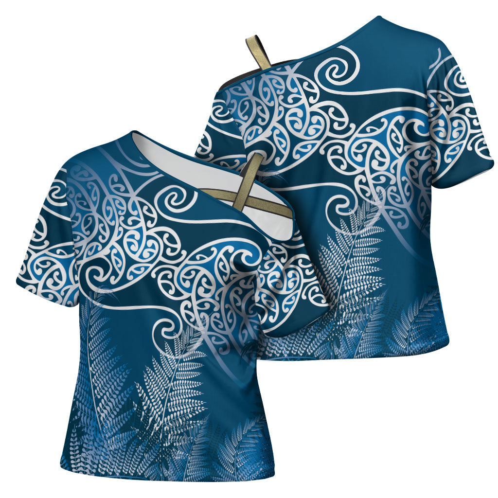 Aotearoa Maori Koru Curves Cross Shoulder Shirt Silver Ferns - Navy Blue