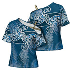 Aotearoa Maori Koru Curves Cross Shoulder Shirt Silver Ferns - Navy Blue