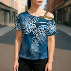 Aotearoa Maori Koru Curves Cross Shoulder Shirt Silver Ferns - Navy Blue