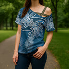 Aotearoa Maori Koru Curves Cross Shoulder Shirt Silver Ferns - Navy Blue