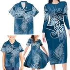 Aotearoa Maori Koru Curves Family Matching Long Sleeve Bodycon Dress and Hawaiian Shirt Silver Ferns - Navy Blue