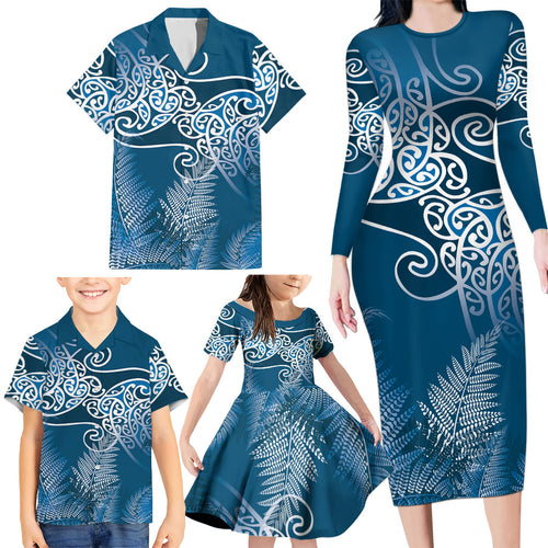 Aotearoa Maori Koru Curves Family Matching Long Sleeve Bodycon Dress and Hawaiian Shirt Silver Ferns - Navy Blue