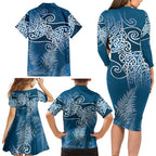 Aotearoa Maori Koru Curves Family Matching Long Sleeve Bodycon Dress and Hawaiian Shirt Silver Ferns - Navy Blue