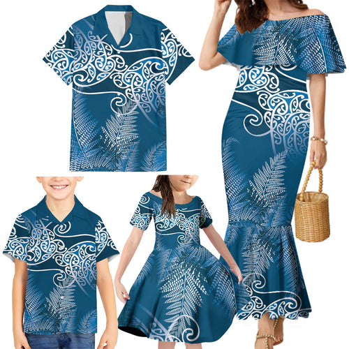 Aotearoa Maori Koru Curves Family Matching Mermaid Dress and Hawaiian Shirt Silver Ferns - Navy Blue