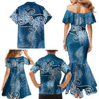 Aotearoa Maori Koru Curves Family Matching Mermaid Dress and Hawaiian Shirt Silver Ferns - Navy Blue