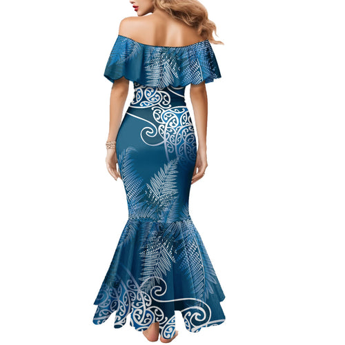 Aotearoa Maori Koru Curves Family Matching Mermaid Dress and Hawaiian Shirt Silver Ferns - Navy Blue