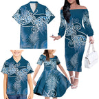 Aotearoa Maori Koru Curves Family Matching Off The Shoulder Long Sleeve Dress and Hawaiian Shirt Silver Ferns - Navy Blue