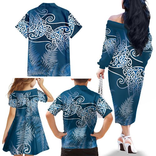 Aotearoa Maori Koru Curves Family Matching Off The Shoulder Long Sleeve Dress and Hawaiian Shirt Silver Ferns - Navy Blue