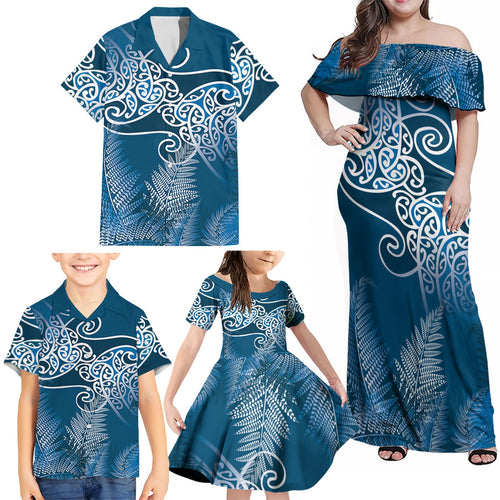 Aotearoa Maori Koru Curves Family Matching Off Shoulder Maxi Dress and Hawaiian Shirt Silver Ferns - Navy Blue
