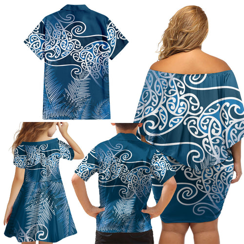 Aotearoa Maori Koru Curves Family Matching Off Shoulder Short Dress and Hawaiian Shirt Silver Ferns - Navy Blue