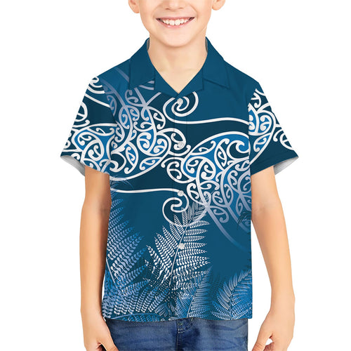Aotearoa Maori Koru Curves Family Matching Off Shoulder Short Dress and Hawaiian Shirt Silver Ferns - Navy Blue