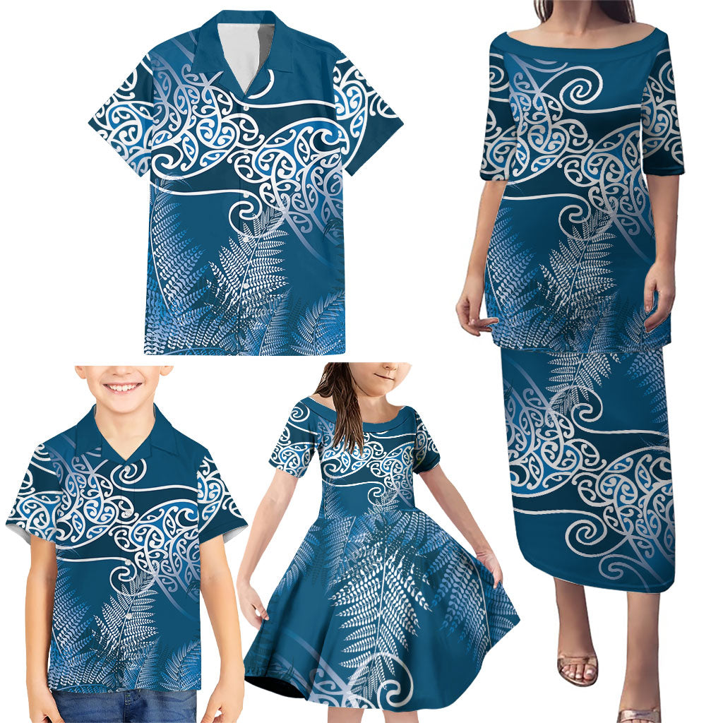 Aotearoa Maori Koru Curves Family Matching Puletasi and Hawaiian Shirt Silver Ferns - Navy Blue